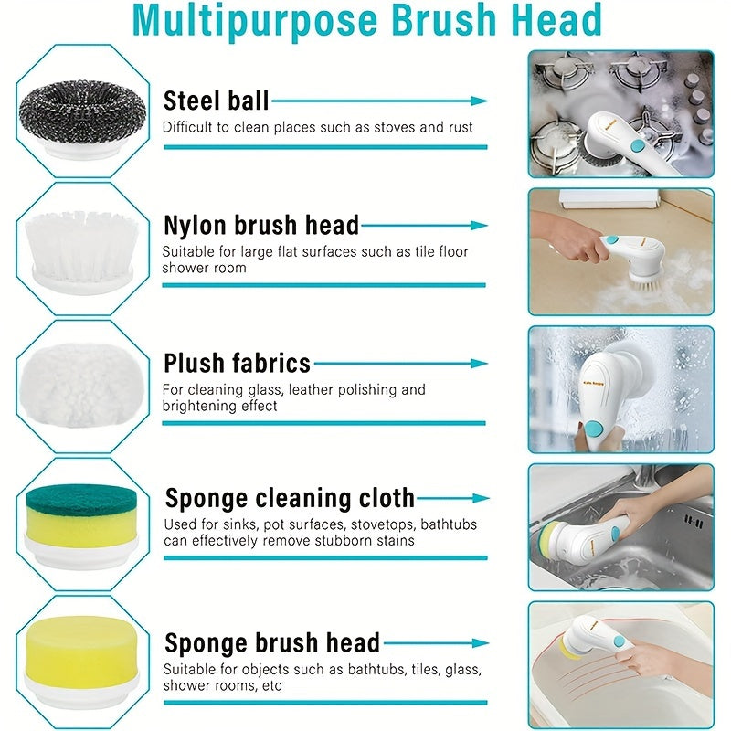 Cordless Handheld Cleaning Brush with 5 Interchangeable Brush Heads for Bathroom Kitchen Floor