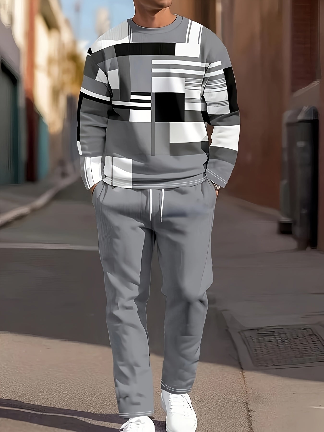 Men's Two-Piece Set Crew Neck Tops and Bottoms Printed Polyester Knit Spring Fall