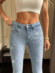 Women's Slim Fit Denim Shorts with Rhinestones High Waist Black