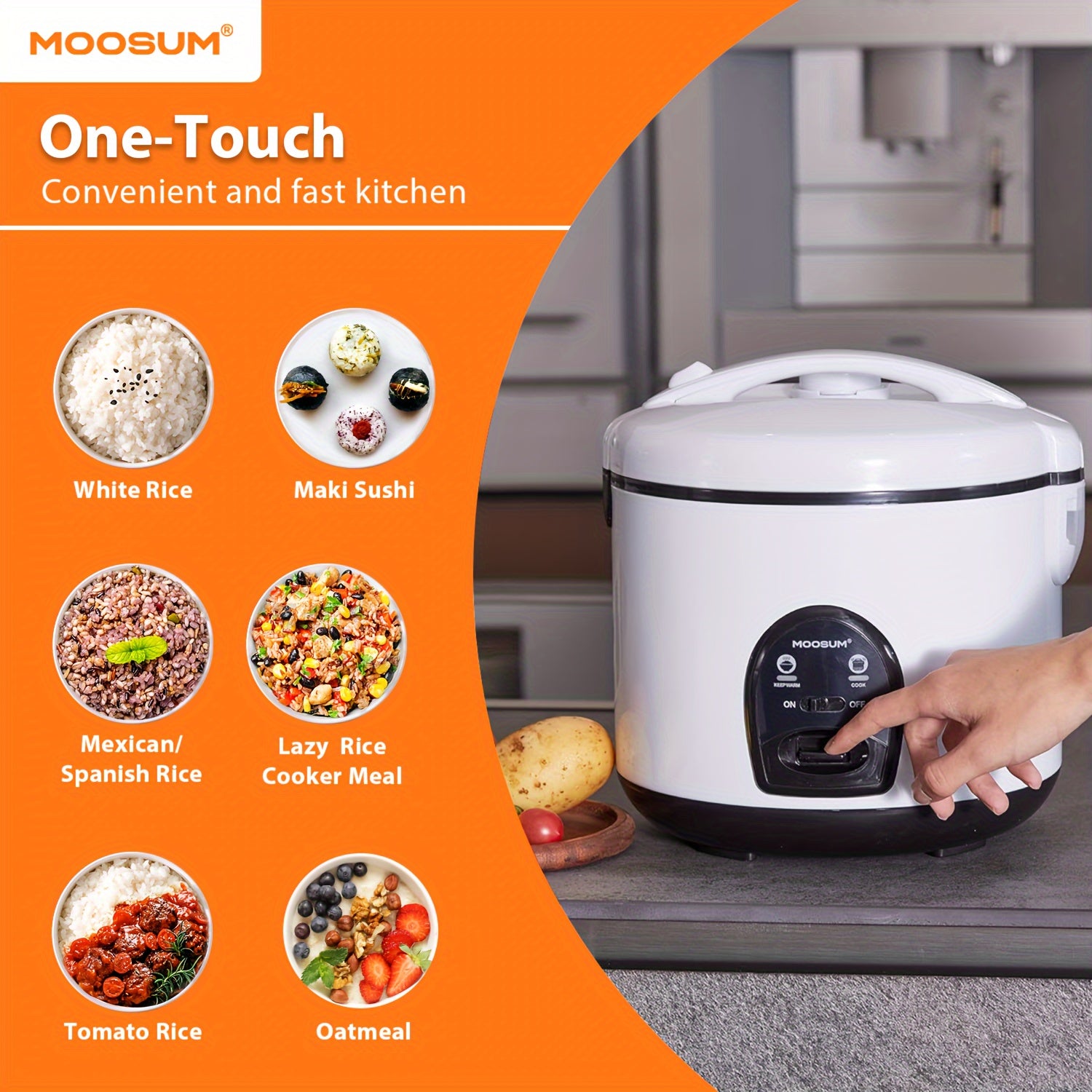 Easy-Press Rice Cooker - 1.8L sig‘imi, 2-10 kishiga xizmat qiladi, issiqlikni saqlash funksiyasi, bug‘don chiqaruvchi, qoshiq va o‘lchov stakan bilan ta'minlangan.