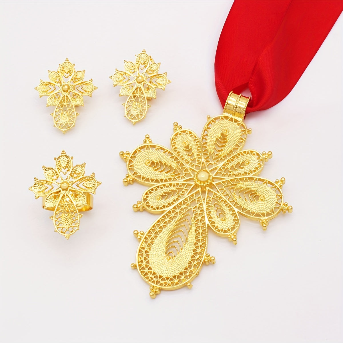 Gold Plated Jewelry Set with Earrings Necklace and Ring for Evening Parties