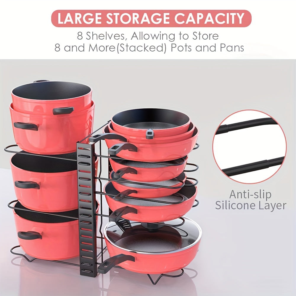Adjustable 8-Tier Iron Pot and Pan Organizer Rack for Kitchen Cabinets in Red and Black
