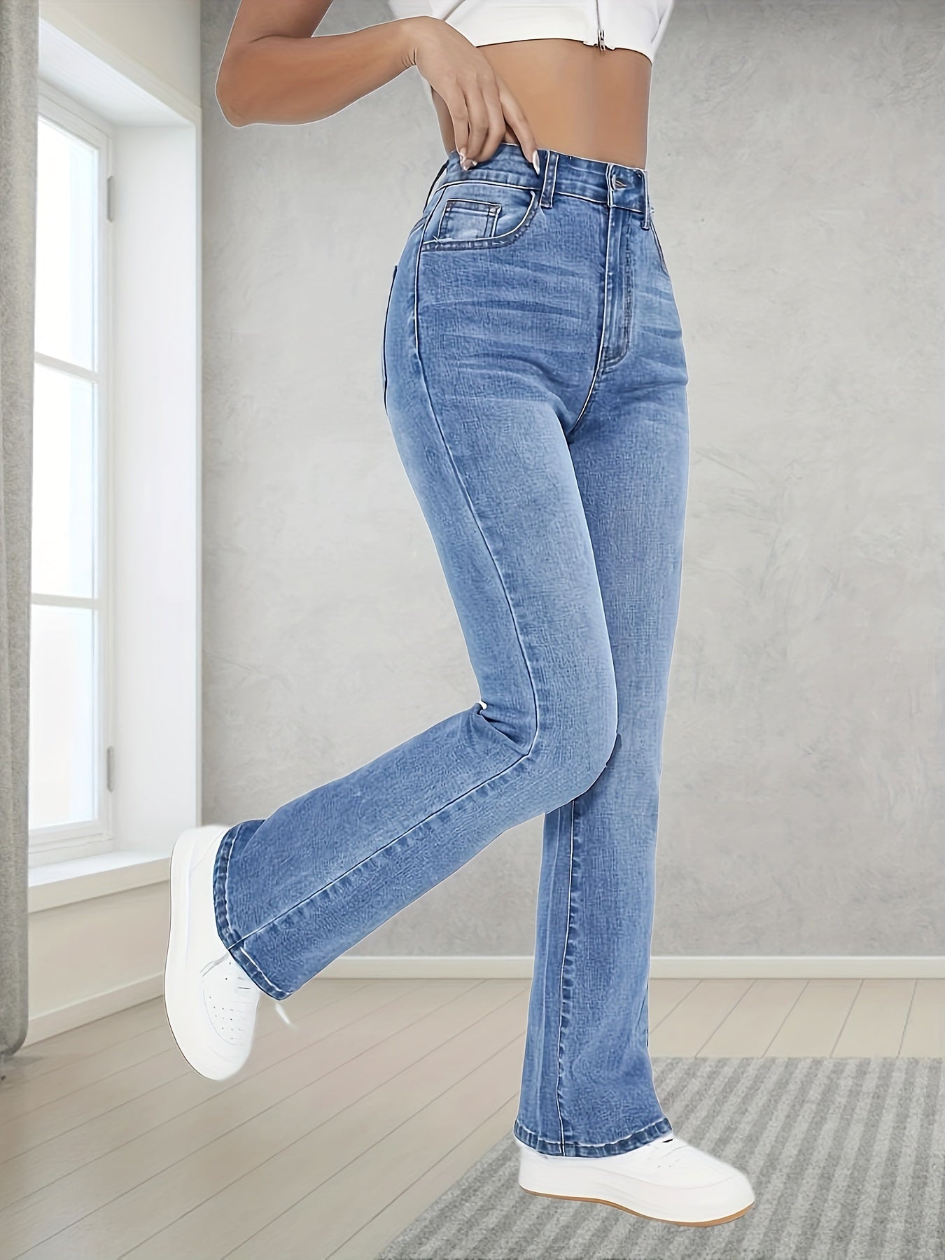 Women's Washed Blue Flare Leg Jeans with High Stretch and Bell Bottom Style