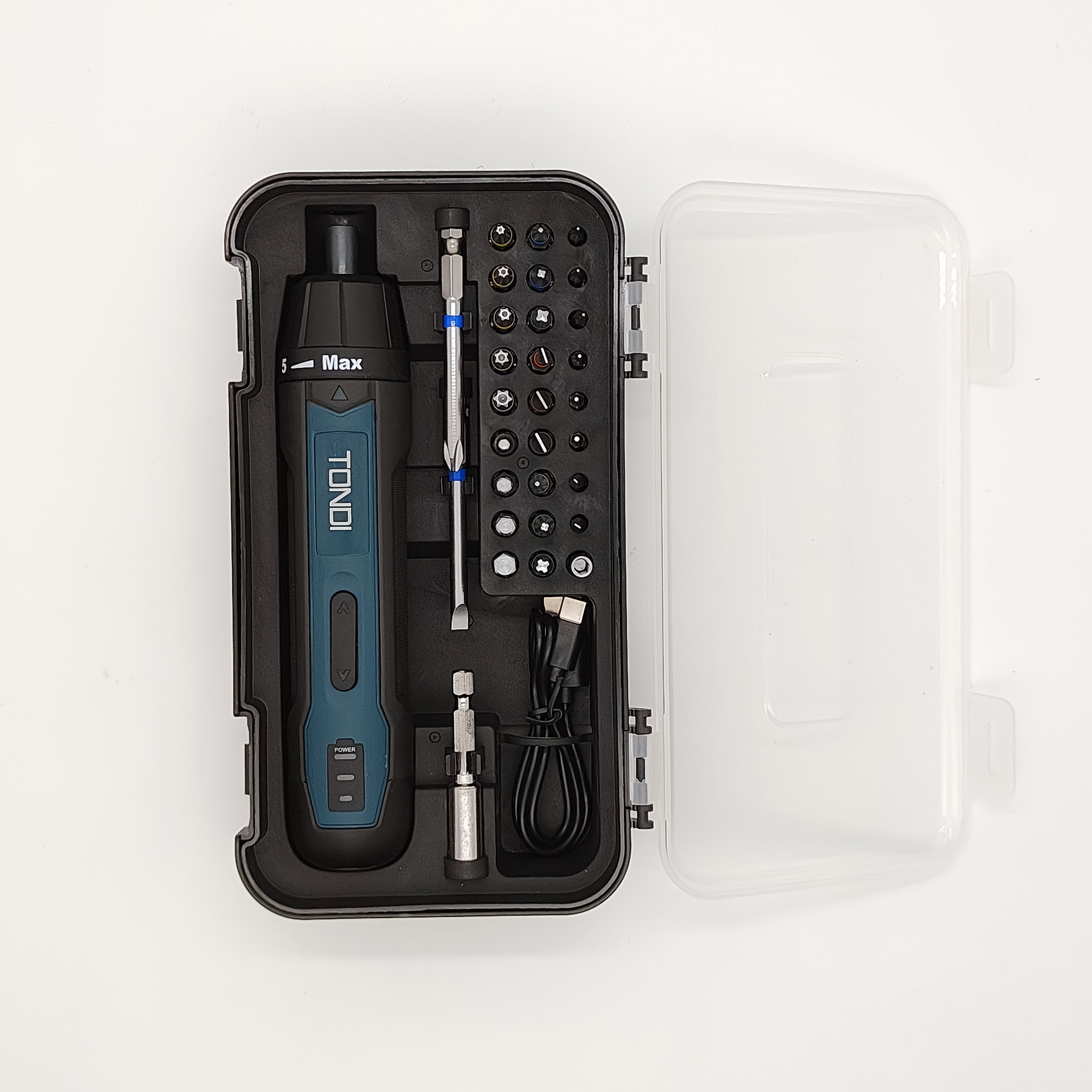 Juego de destornillador eléctrico inalámbrico con batería de litio de 2000mAh, carga USB, mango de goma, broca magnética, par máximo de 5N.m