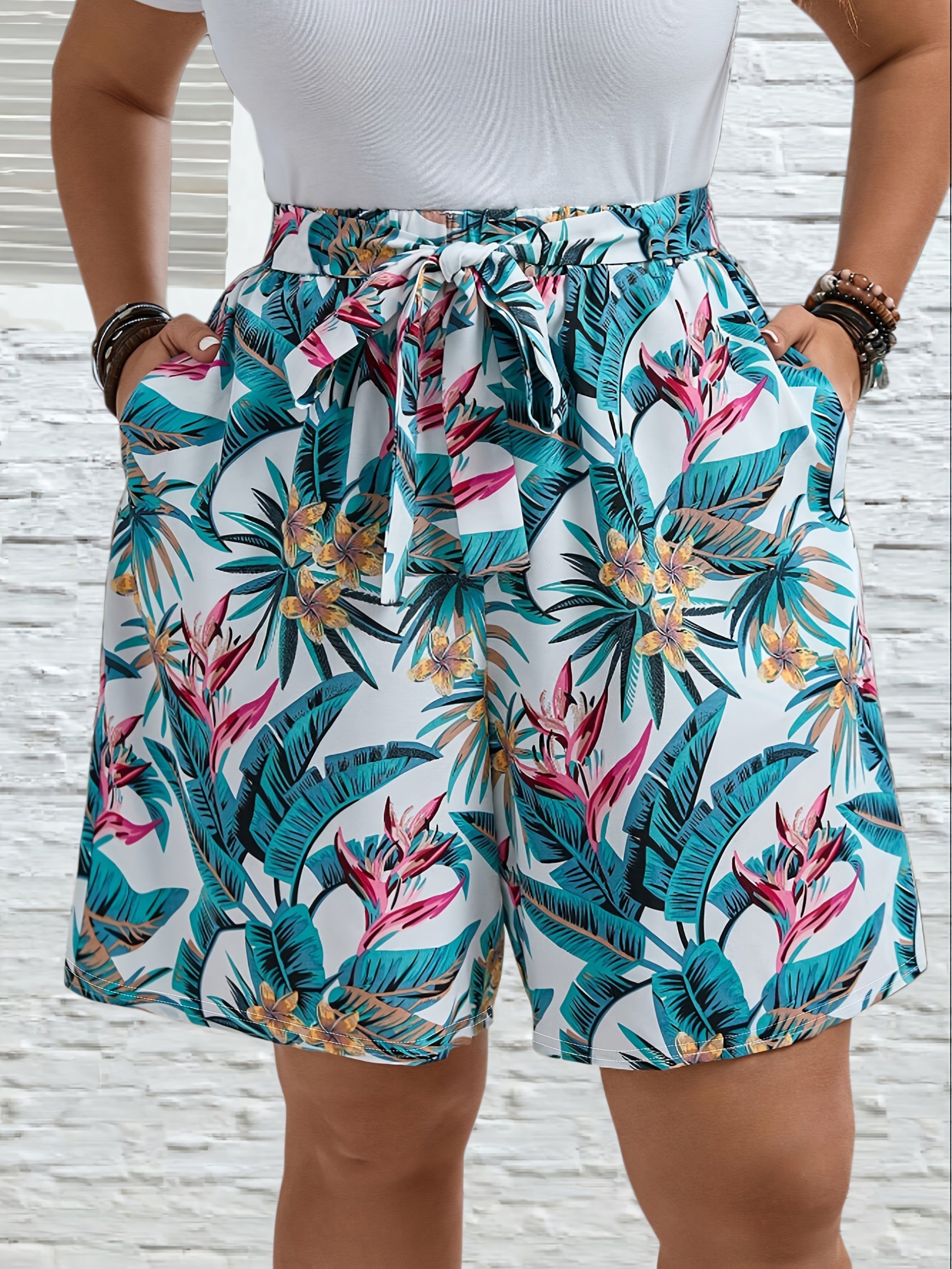 Women's Tropical Print Shorts with Pockets Loose-Fit Summer Vacation Comfortable Stylish