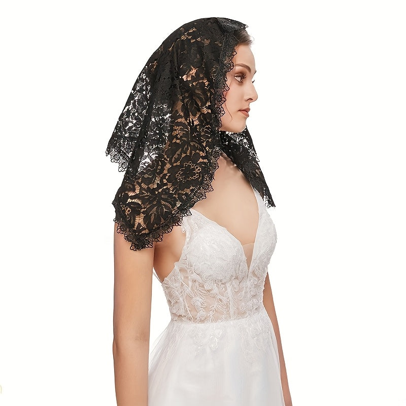 Mantón de encaje para novia con tocado y velo corto de rostro, velo de hombro