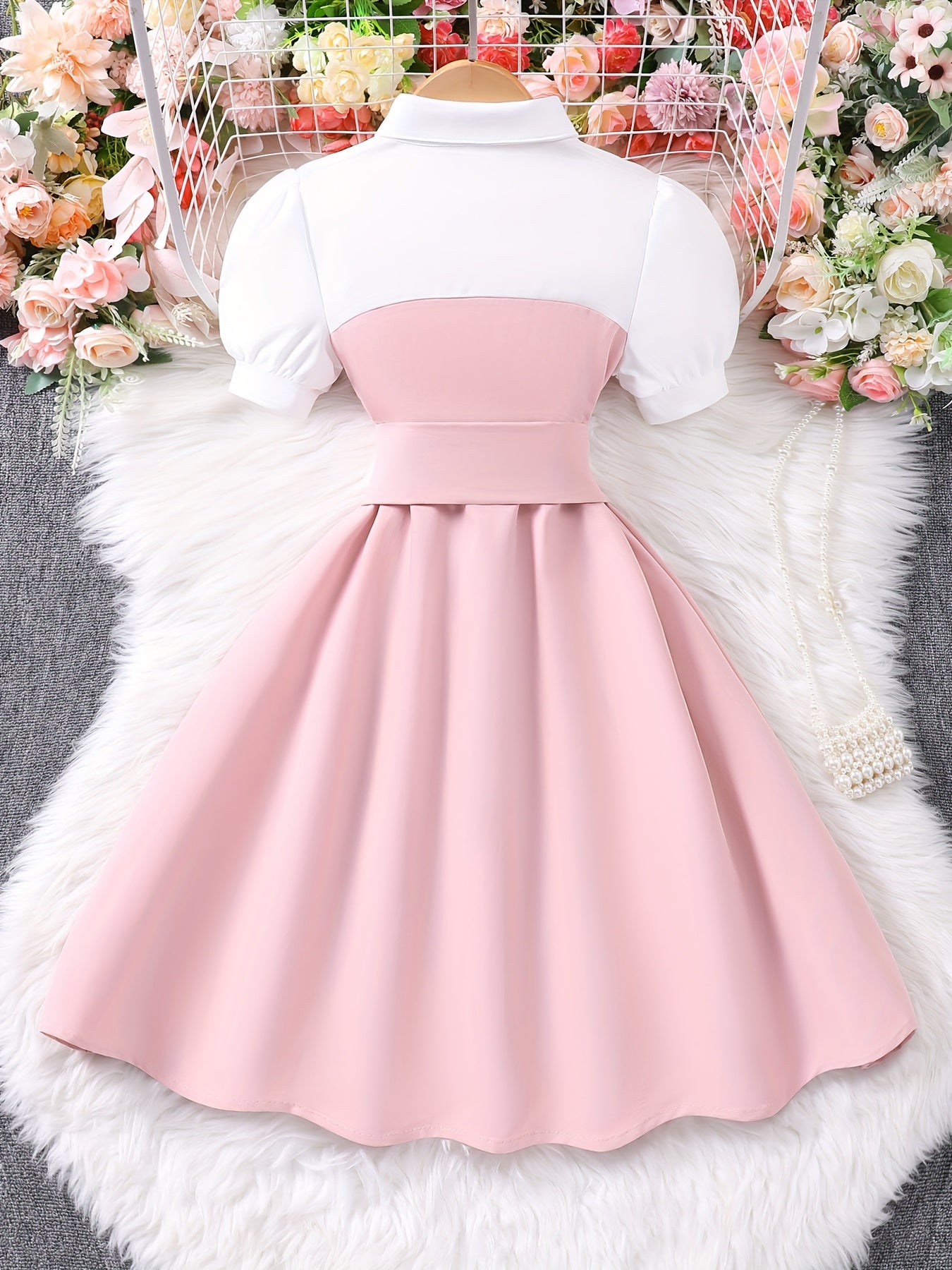 Girls Summer Dress Short Sleeve Collared Beige White Leopard Buttons Belt Casual Polyester