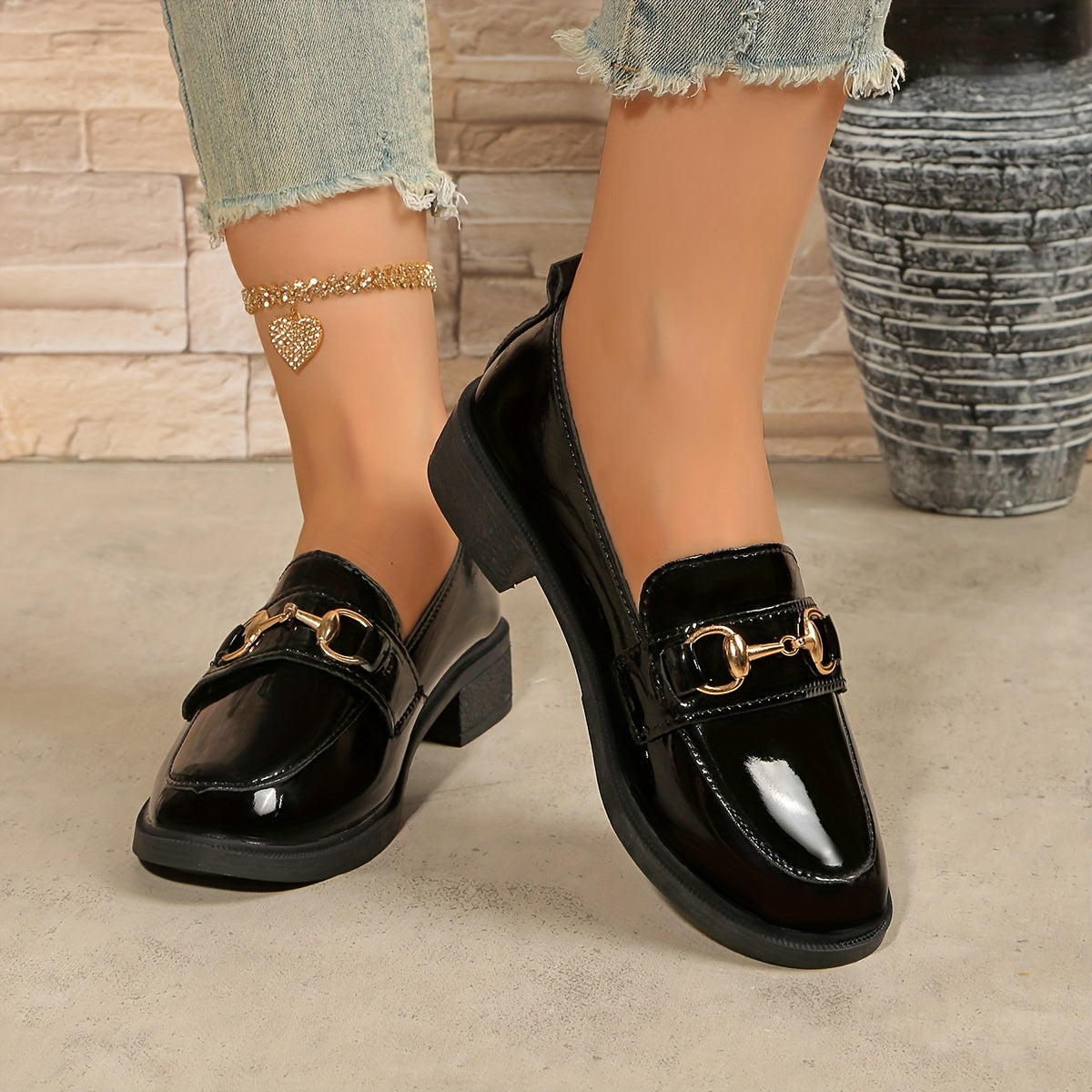 Women’s Slip-On Loafers Black PU Metallic Buckle Casual Office Shoes