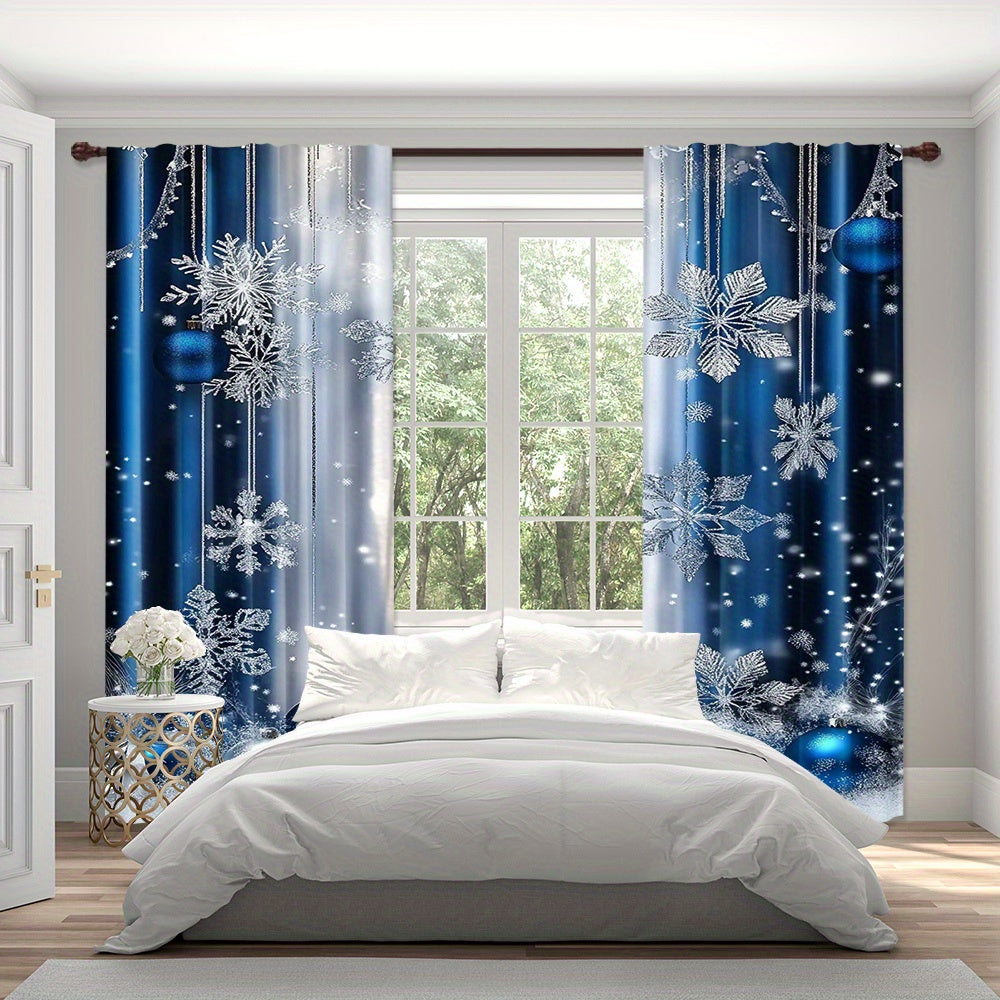 Blue Festive Curtain Set Includes 2 Polyester Digital Printed Rod Pocket Drapes for Living Room Kitchen Dining