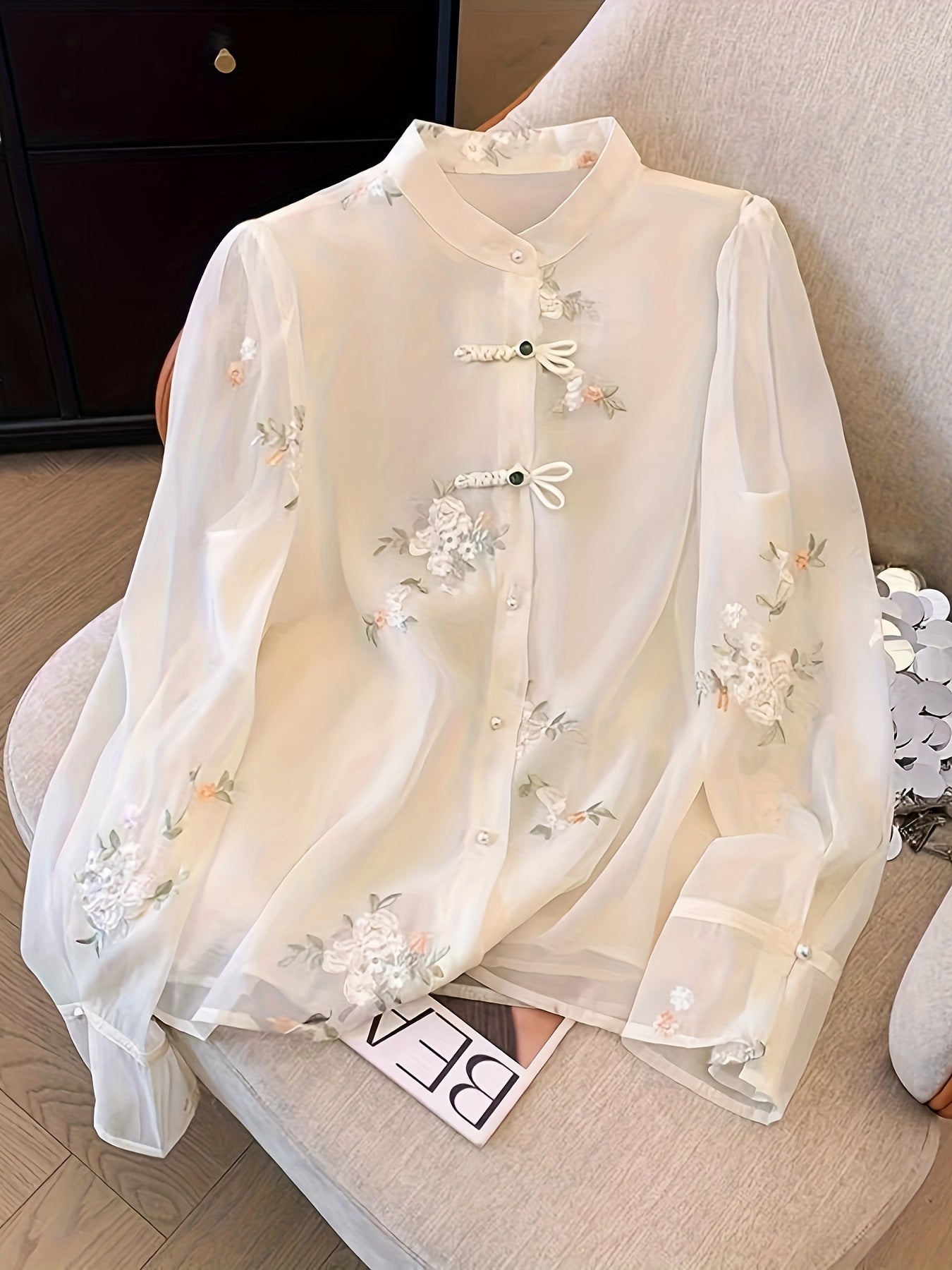 Women's Embroidered Polyester Blouse with Mandarin Collar for Spring and Fall