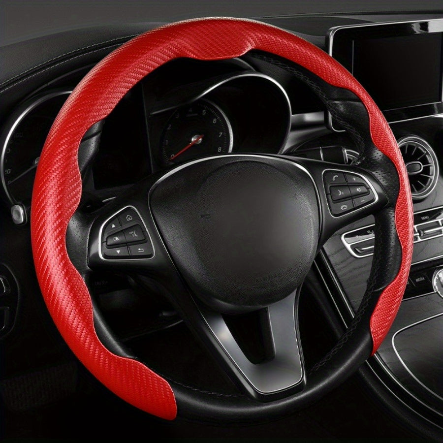 Universal Carbon Fiber Steering Wheel Cover with Red Accents Non-Slip Durable