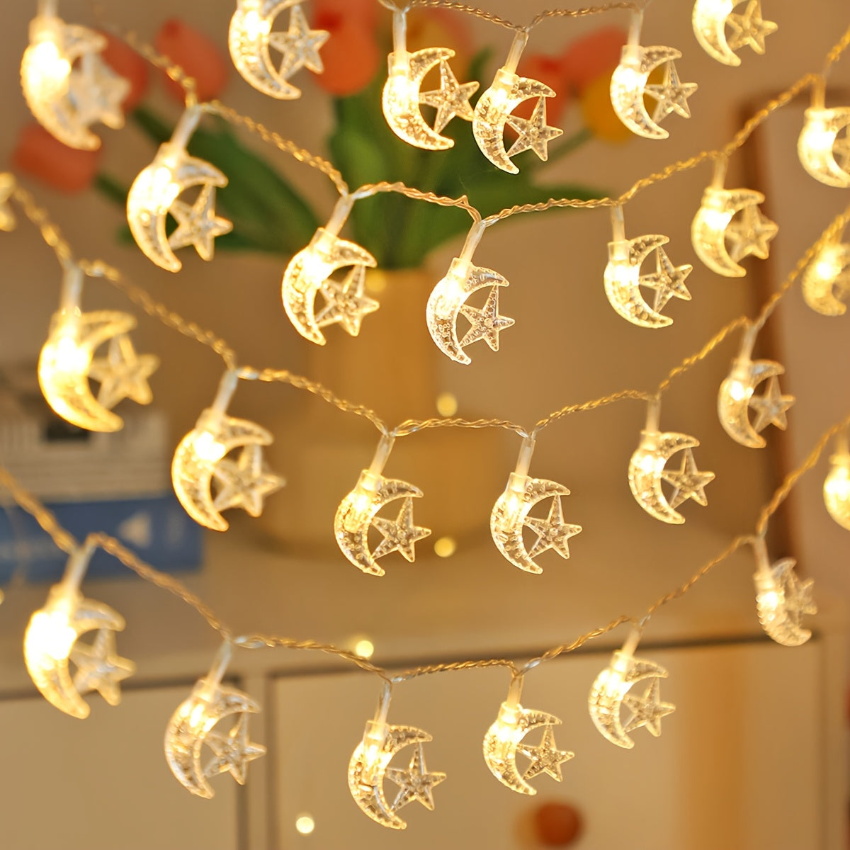 Battery Operated LED String Lights with Star and Moon Design for Indoor Decor Weddings Parties Ramadan Eid