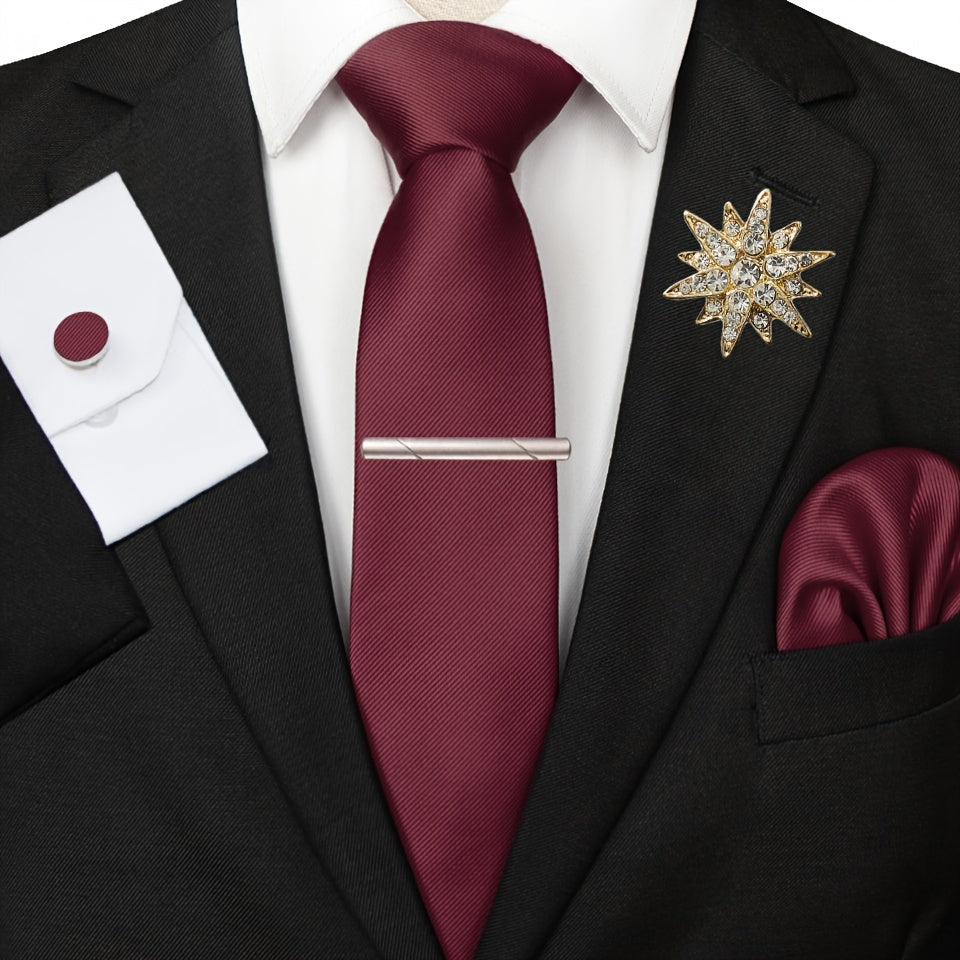 Erkaklar uchun satinning twill galstuk to'plami, galstuk klipi, cho'ntak sharlari, manşet o'rashlar va brosh uchun rasmiy tadbirlar