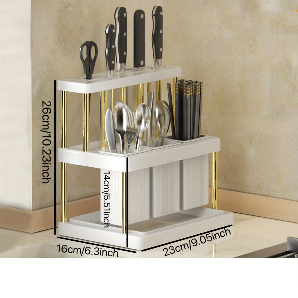 Kitchen Knife Storage Organizer with Chopsticks Tube and Integrated Storage Box