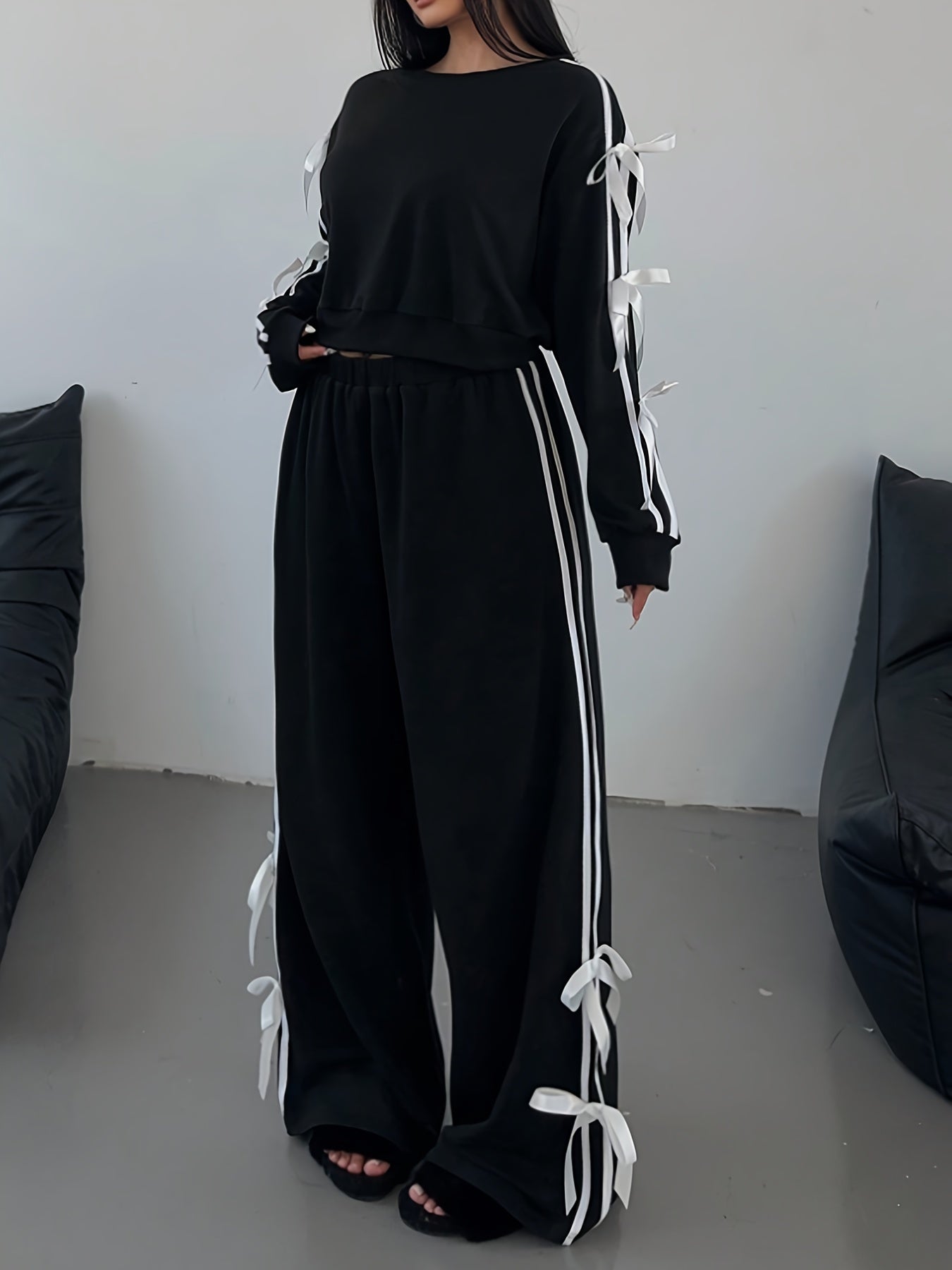 Plus Size Women's Two-Piece Set Crop Top and Wide-Leg Pants Striped Bow Drawstring