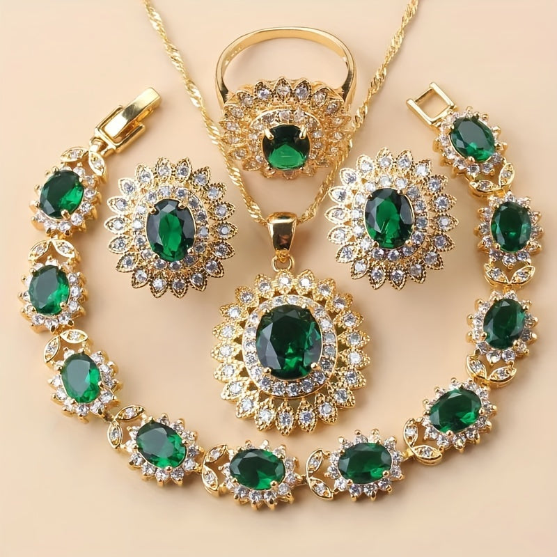 Sunflower Jewelry Set for Women 5-Piece Cubic Zirconia Necklace Earrings Ring Bracelet Gift