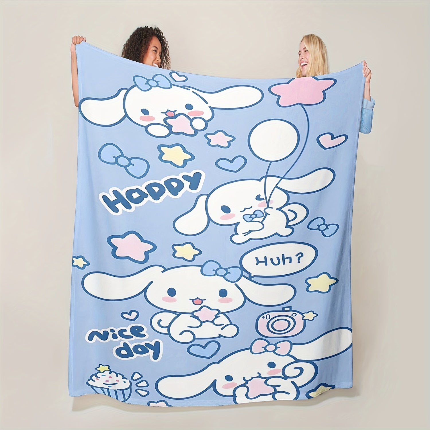 Soft Warm Cinnamoroll Plush Flannel Throw Blanket Cozy Cartoon Print for Bedroom Living Room Camping