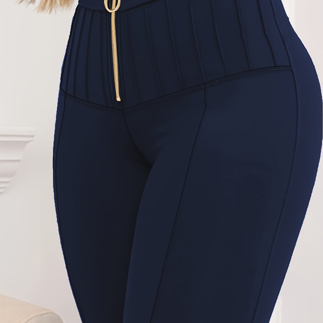 Plus Size Women's High-Waisted Stretch Pants with Gold Zipper Black
