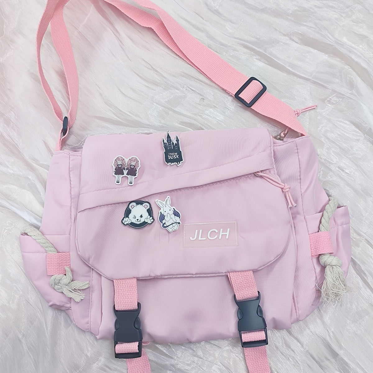 Unisex Canvas Shoulder Bag with Adjustable Strap for School Travel and Daily Use in White Pink Blue Black