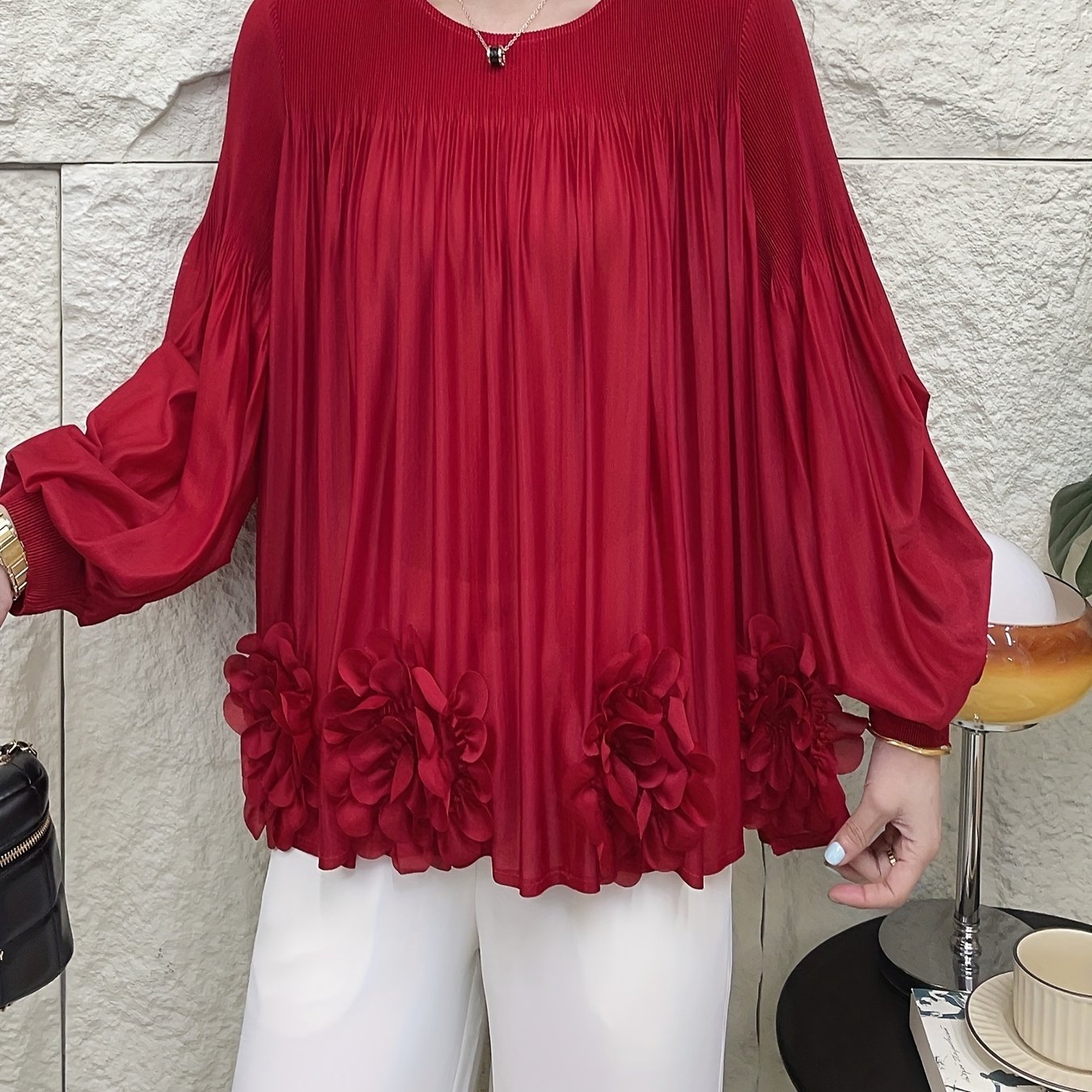 Women's Oversized Pleated Blouse with Floral Applique Light Blue Long Sleeve