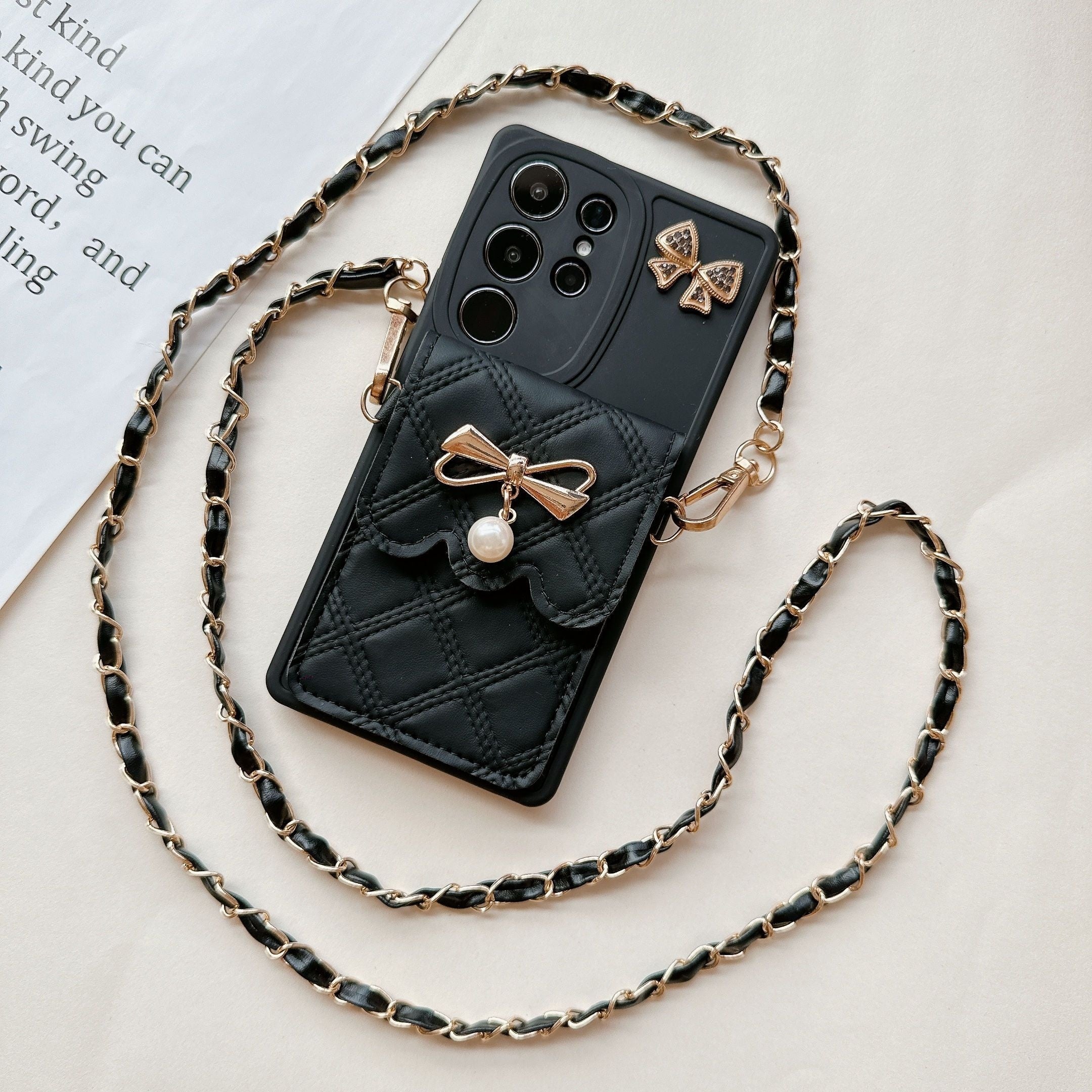 Pearl Bowknot Diamond Phone Case for Samsung Galaxy with Lanyard Full Cover Protection