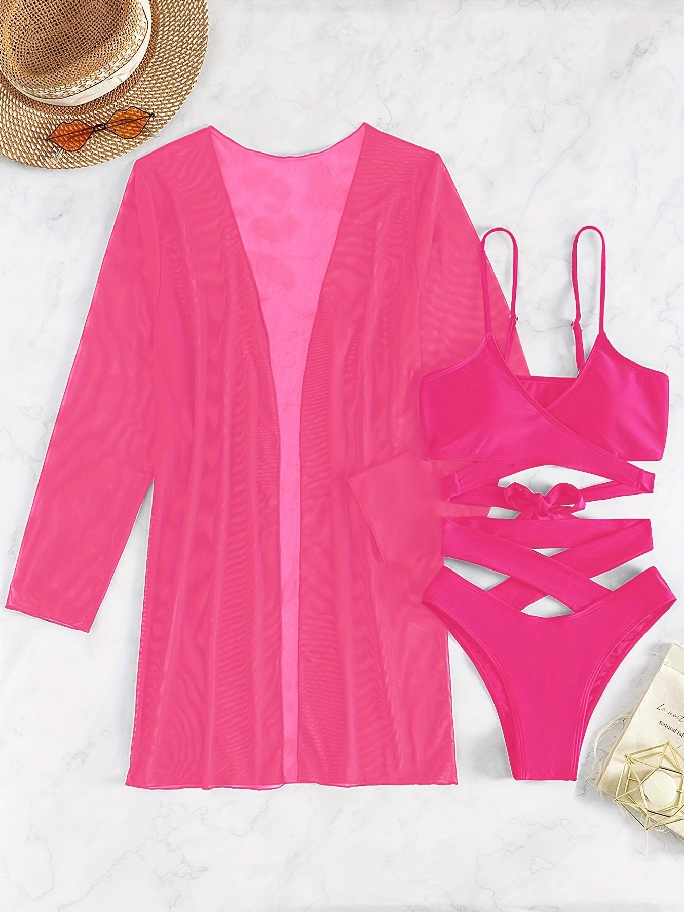 Women's V-Neck Bikini Set with High-Cut Bottoms and Long-Sleeve Cover-Up