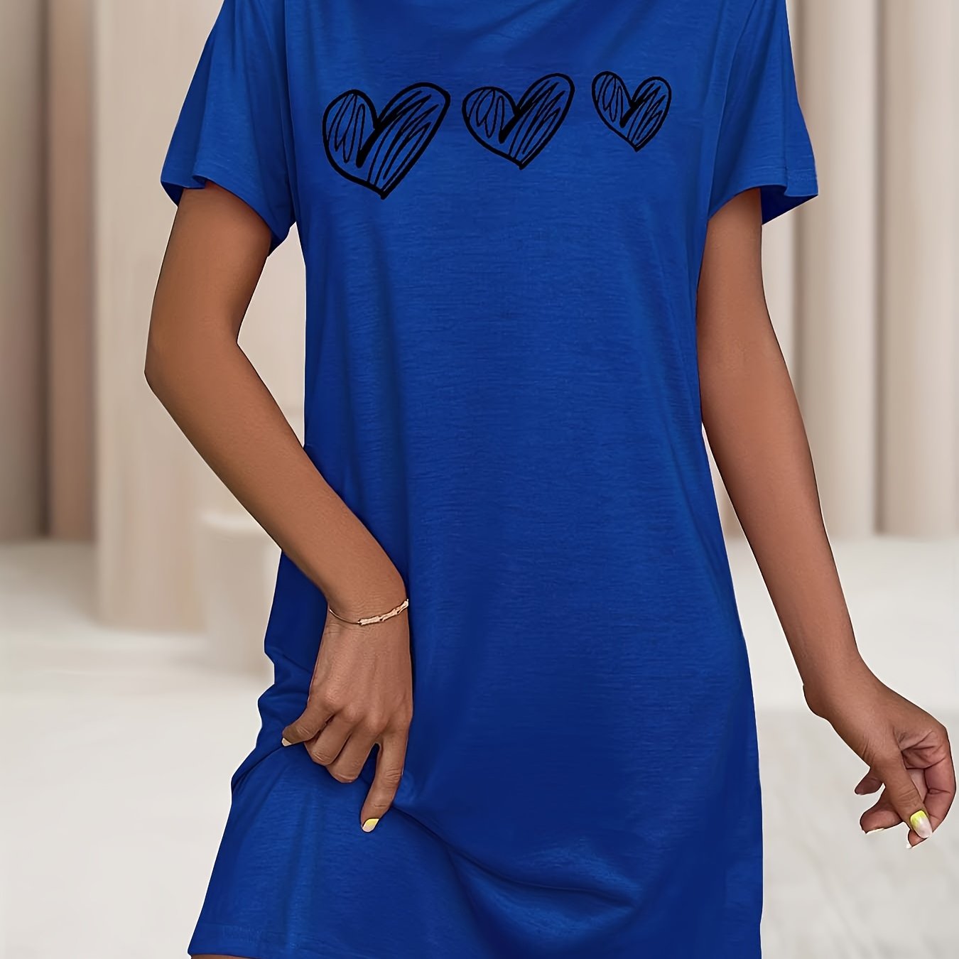 Women's Heart Pattern Sleep Dress Soft Stretchy Short Sleeve Nightgown