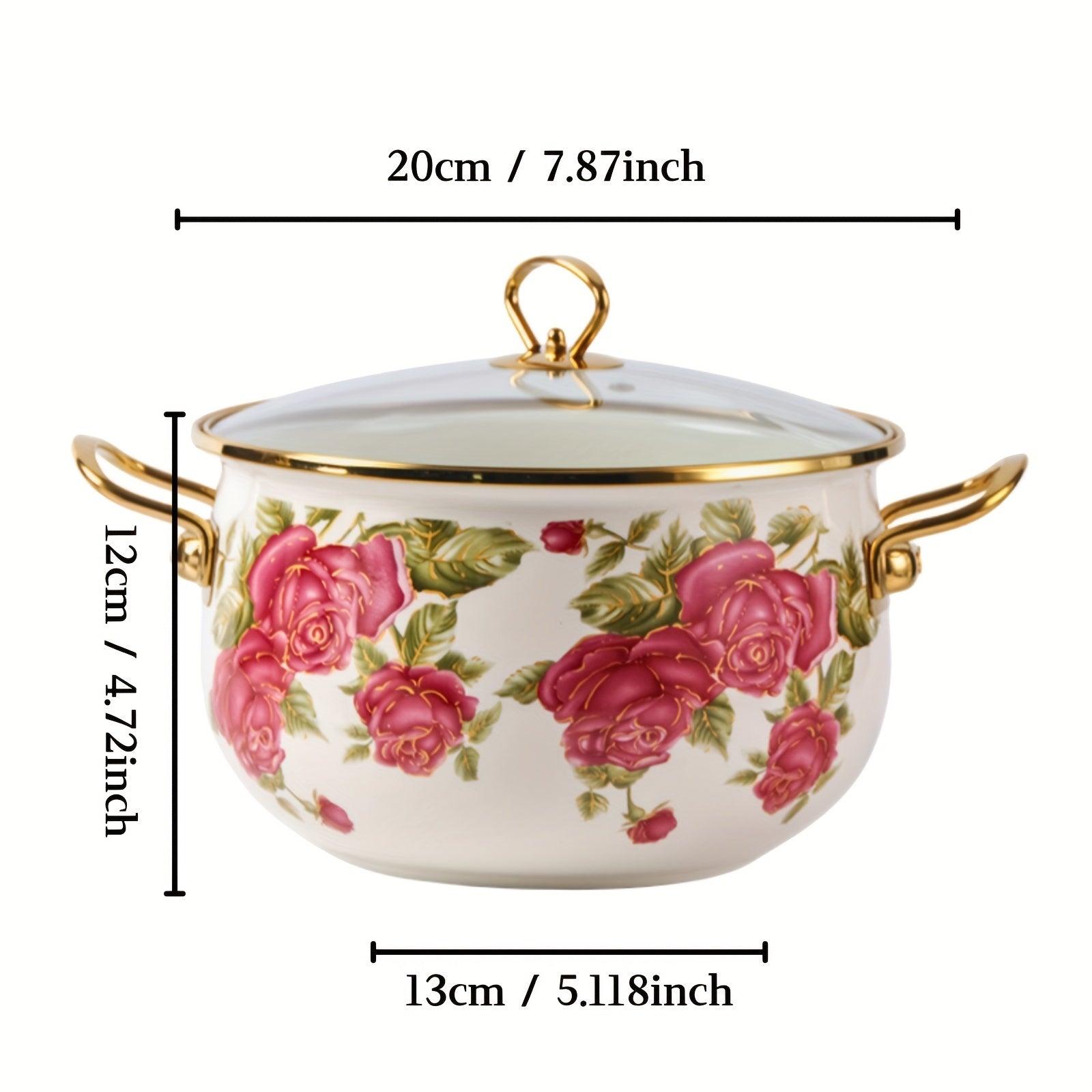 Stockpot with Gold Handle and Rose Flower Enamel Design, Includes Glass Lid, Multiple Sizes