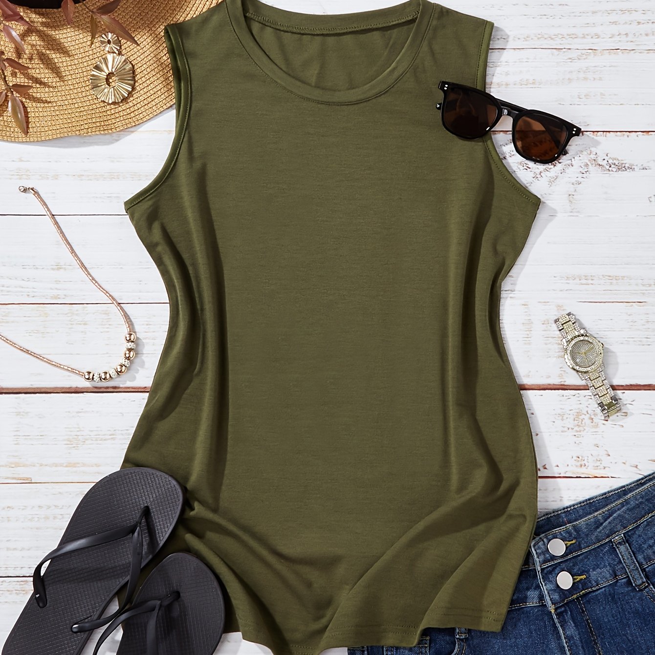 Plus Size Women's Olive Green Sleeveless Tank Top Casual Summer Wear