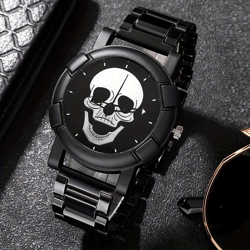 Men's Quartz Wristwatch and Bracelet Set with Skull Dial and Leather Band