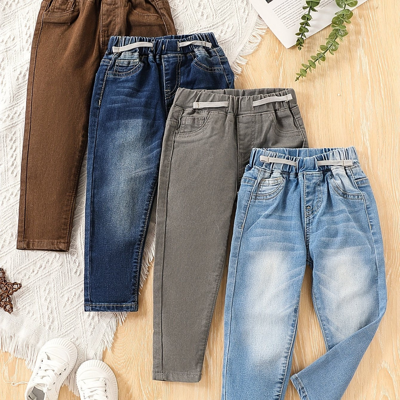 Детский набор джинсовых штанов для мальчиков, 4 шт., классическая посадка, эластичный пояс, всесезонный