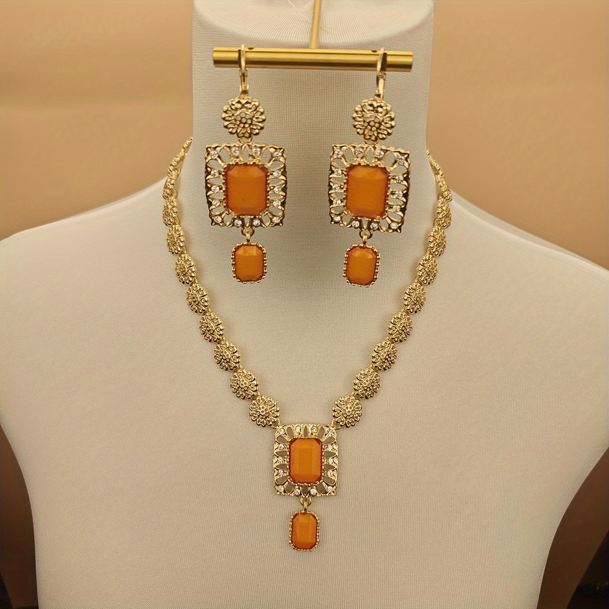 Vintage Boho Jewelry Set with Green and Orange Rhinestones for Weddings Festivals Ramadan