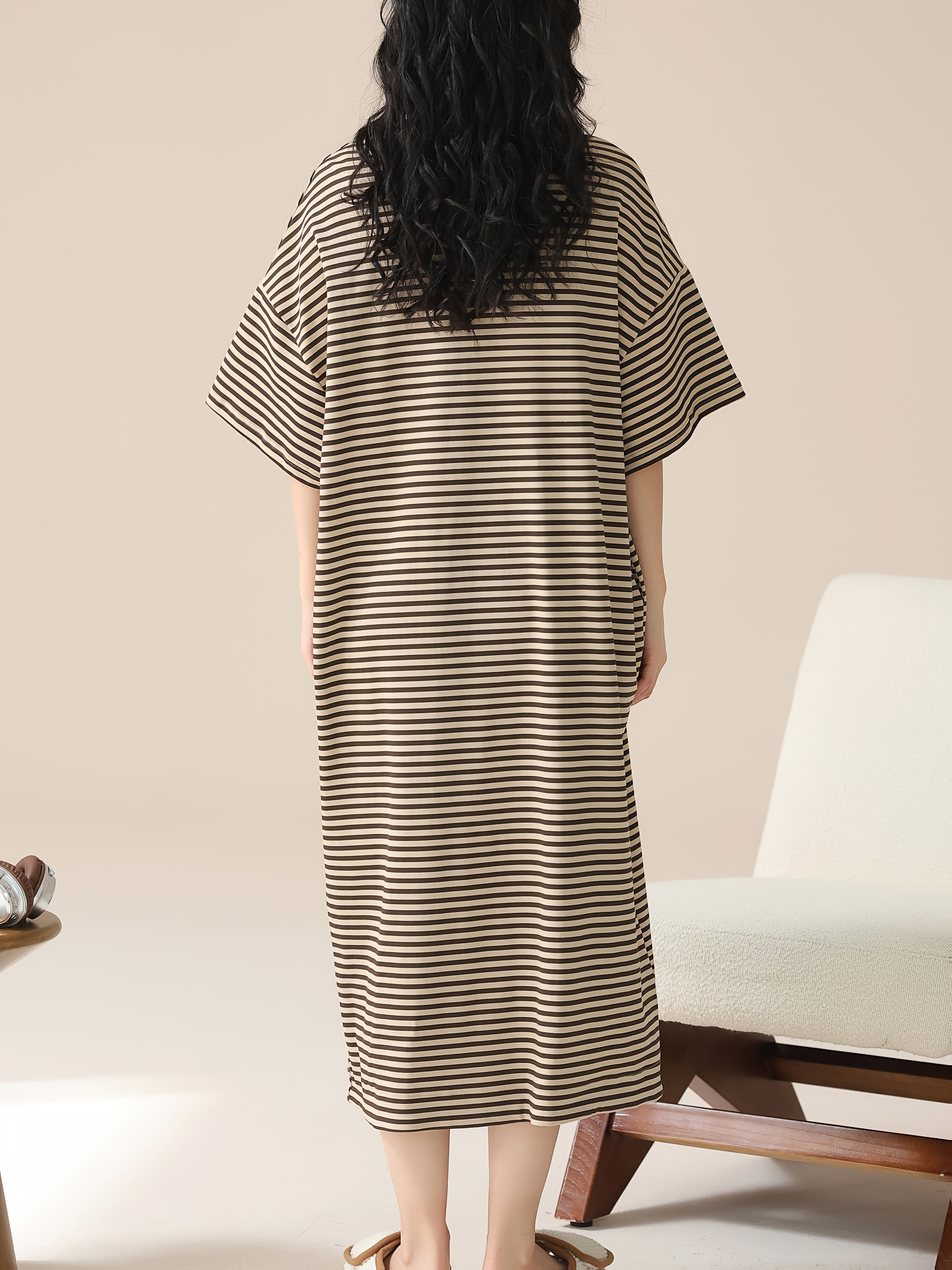 Plus Size Women's Sleep Dress Polyester Striped Long Lounge Wear