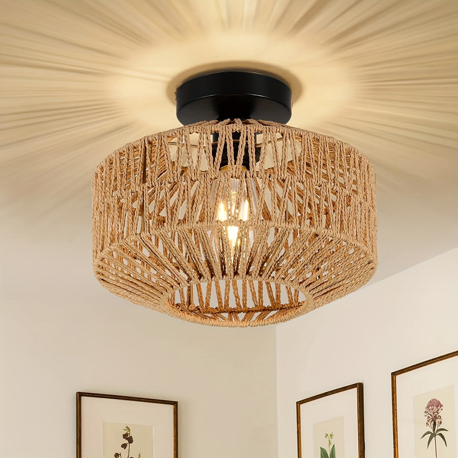 Bohemian Rattan Semi-Flush Mount Ceiling Light Fixture with Modern Metal Frame