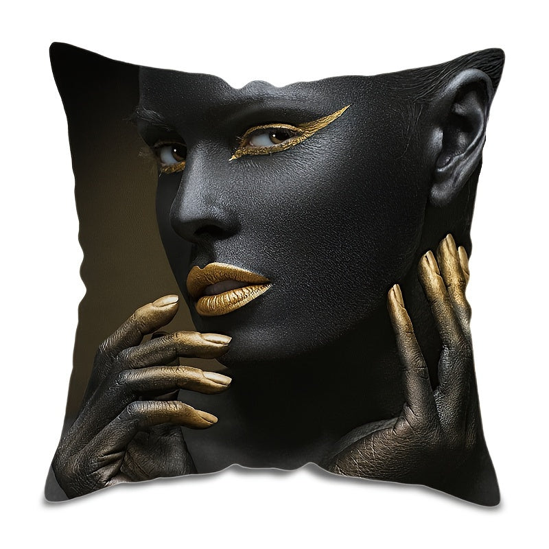 African American Woman Throw Pillow Cover Black and Gold 45 Inch Decorative Cushion