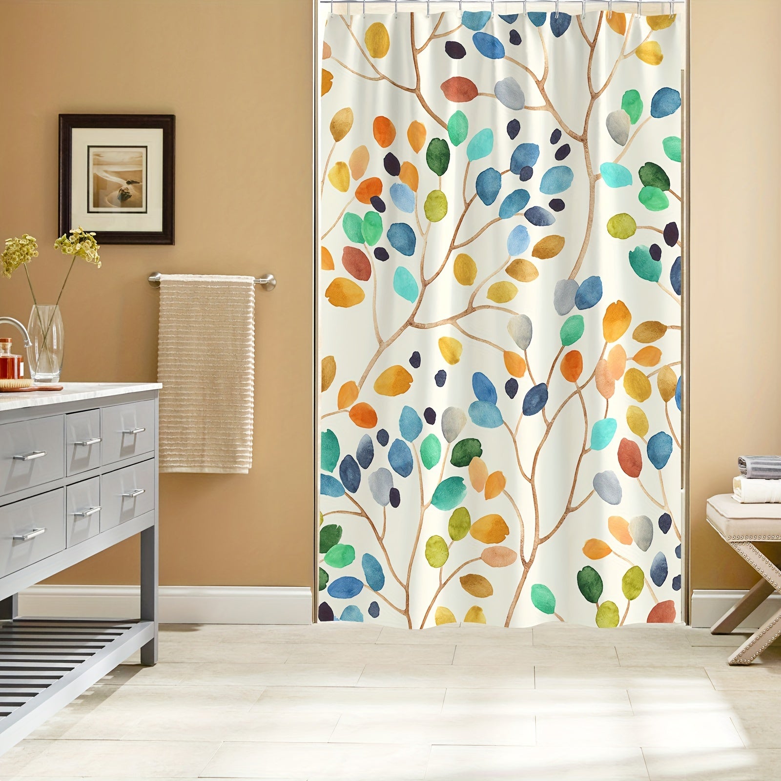 Plants Print Waterproof Shower Curtain with Hooks Decorative Bathroom Accessory