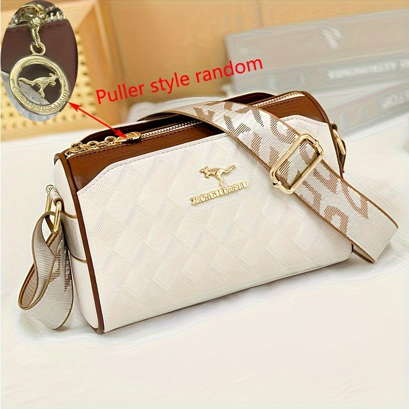 Women's Faux Leather Argyle Crossbody Bag Zipper Adjustable Strap White Black