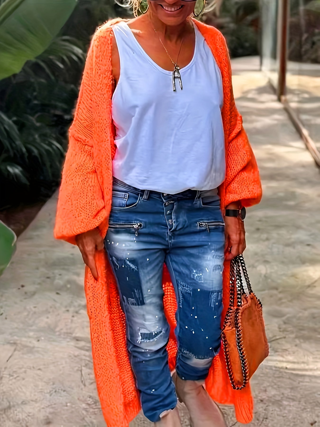 Women's Plus Size Oversized Long Sleeve Cardigan Vibrant Orange Boho Sweater