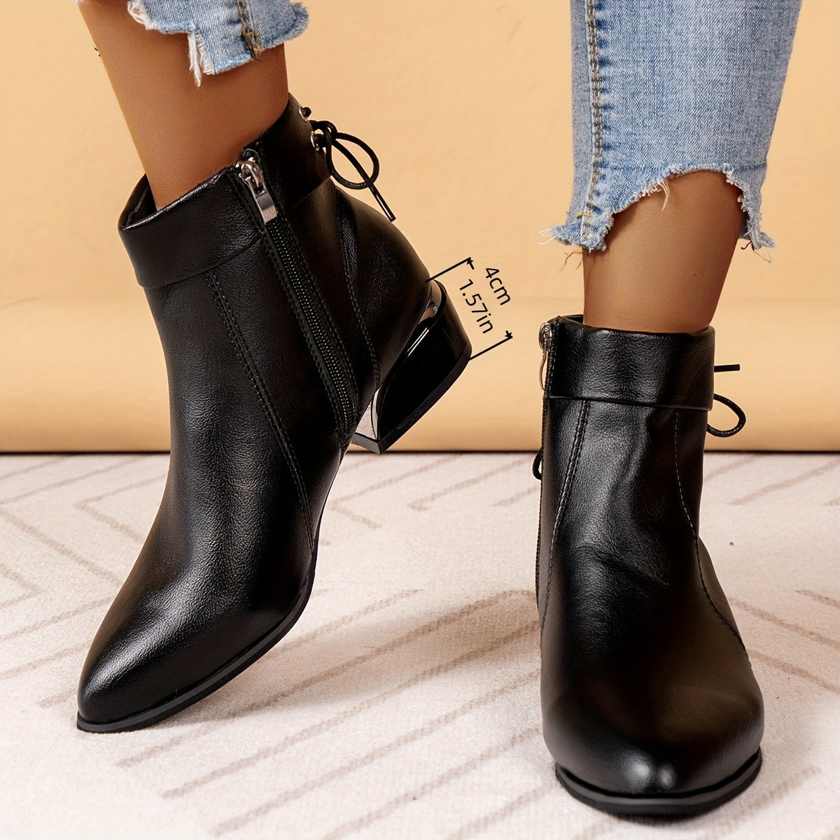 Women’s Black Faux Leather Ankle Boots, Low Heel, Side Zipper