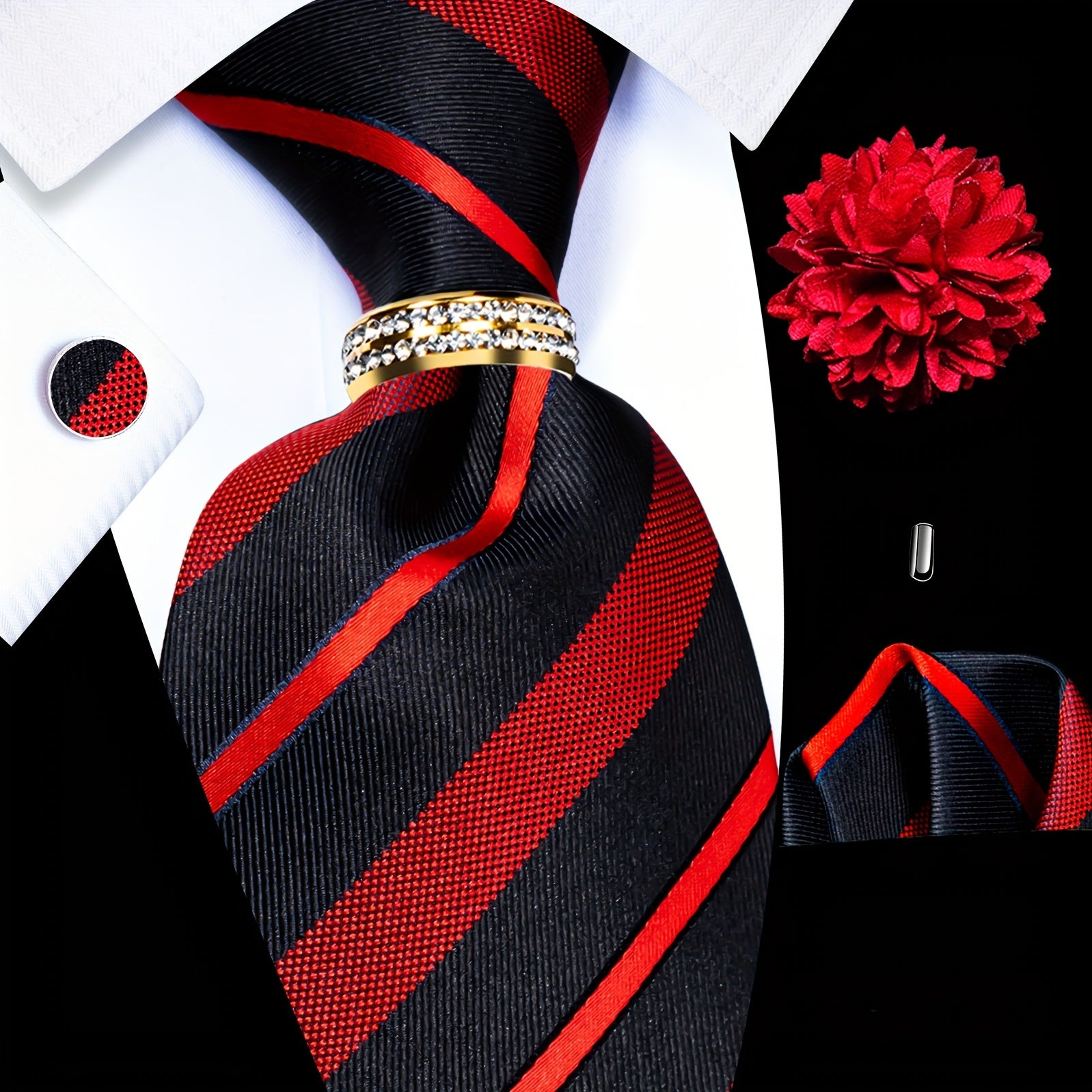 Men's Formal Tie Set with Pocket Square Cufflinks Tie Clip Lapel Pin and Ring for Weddings and Occasions