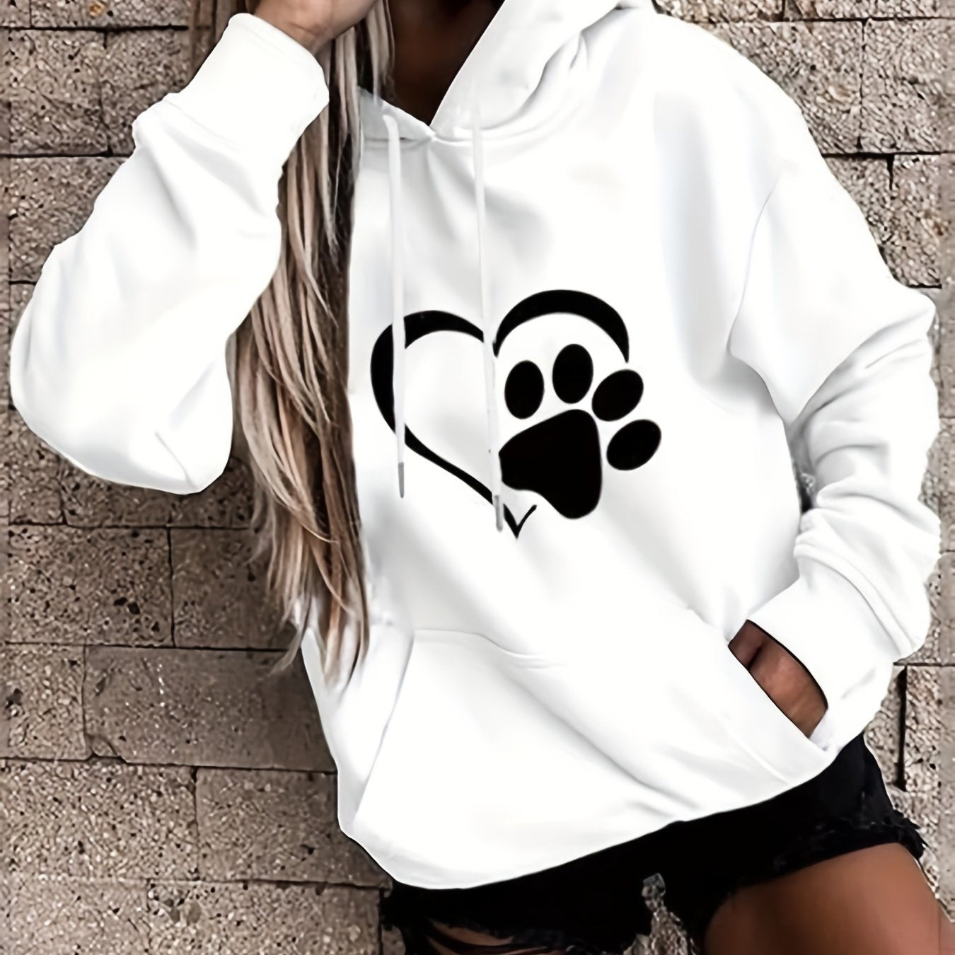 Women's Plus Size Casual Fleece Hoodie with Paw Heart Print and Pockets