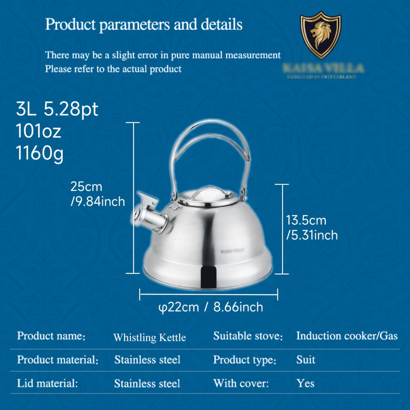 Stainless Steel Whistle Kettle 3L for Gas and Electric Stoves No Electricity Needed