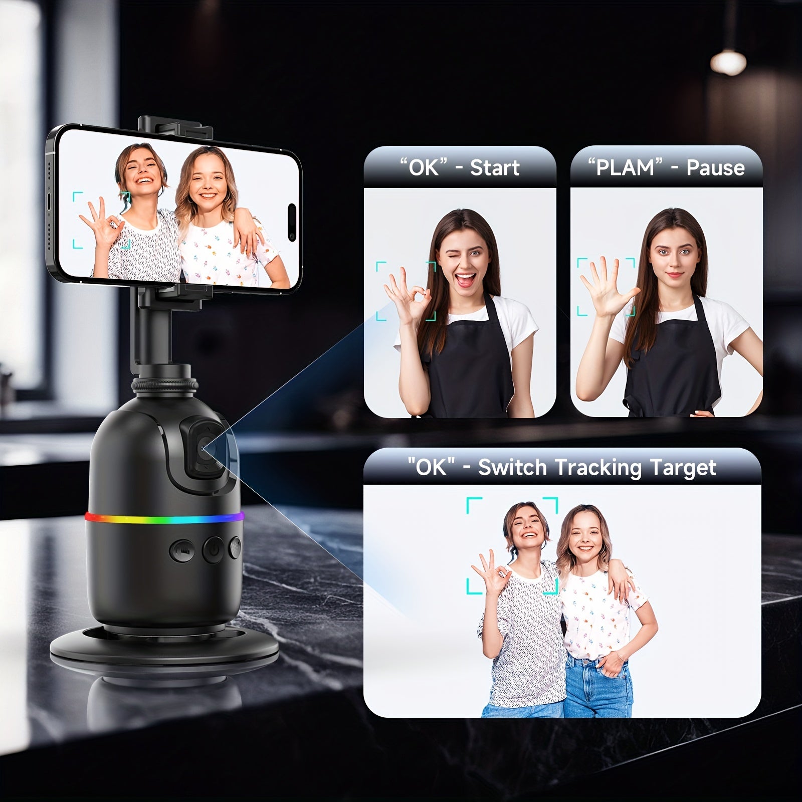 Тренога для отслеживания лица с ИИ, монопод для селфи с вращением на 360°, стабилизацией, USB-перезаряжаемый, вертикальный держатель для смартфона