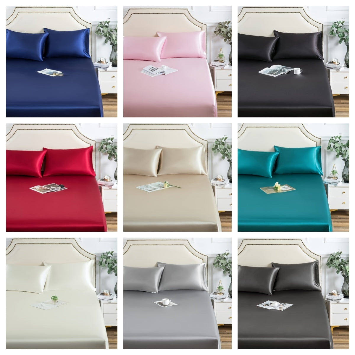 Solid Color Satin Fitted Sheet Bedding for Bedroom and Guest Room