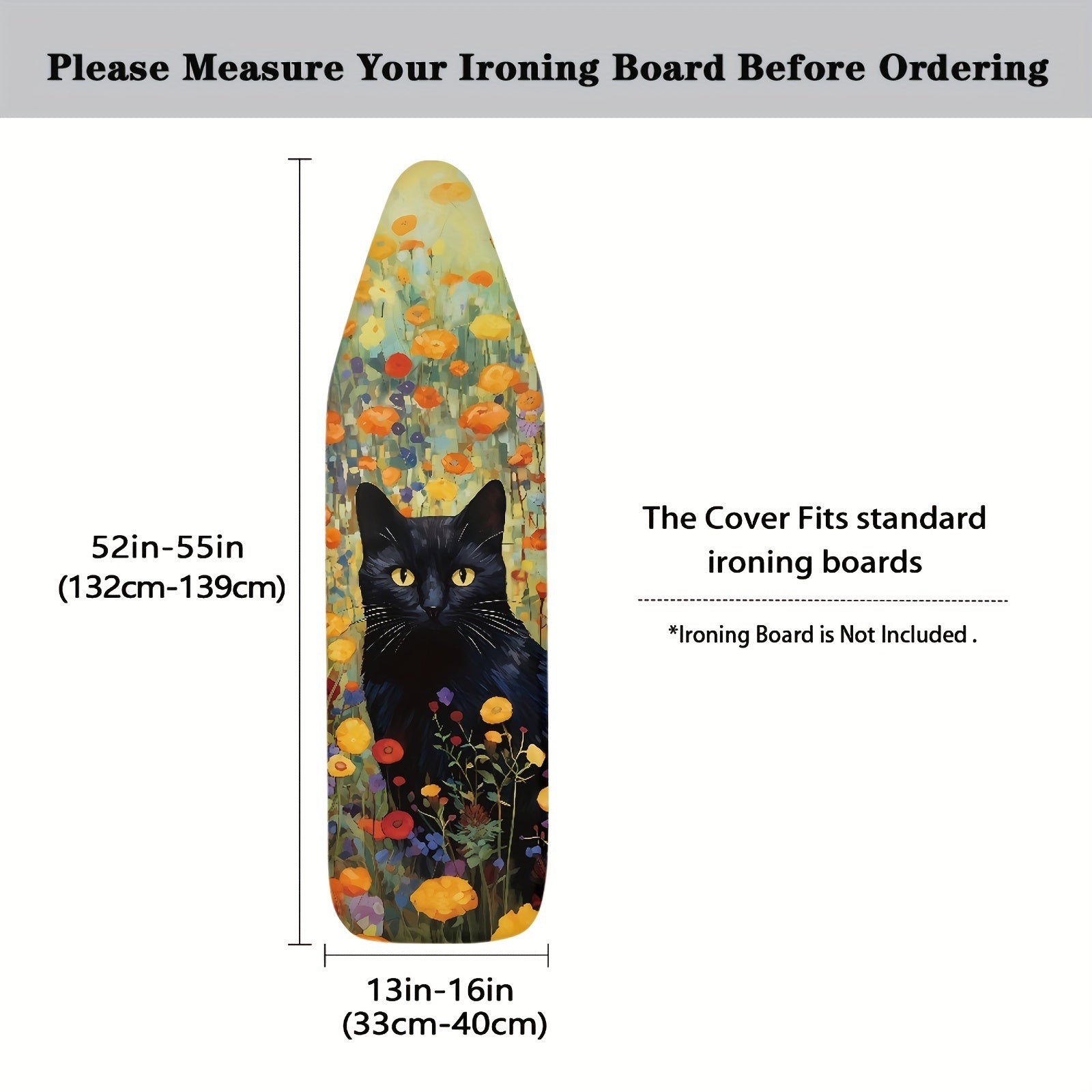 Ironing Board Cover with Elastic Edge Black Cat Floral Print Standard Size Dust-Proof Protector