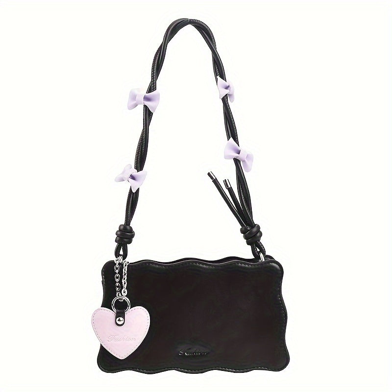 PU Leather Baguette Shoulder Bag with Butterfly Bow Accents Water-Resistant Zipper Closure