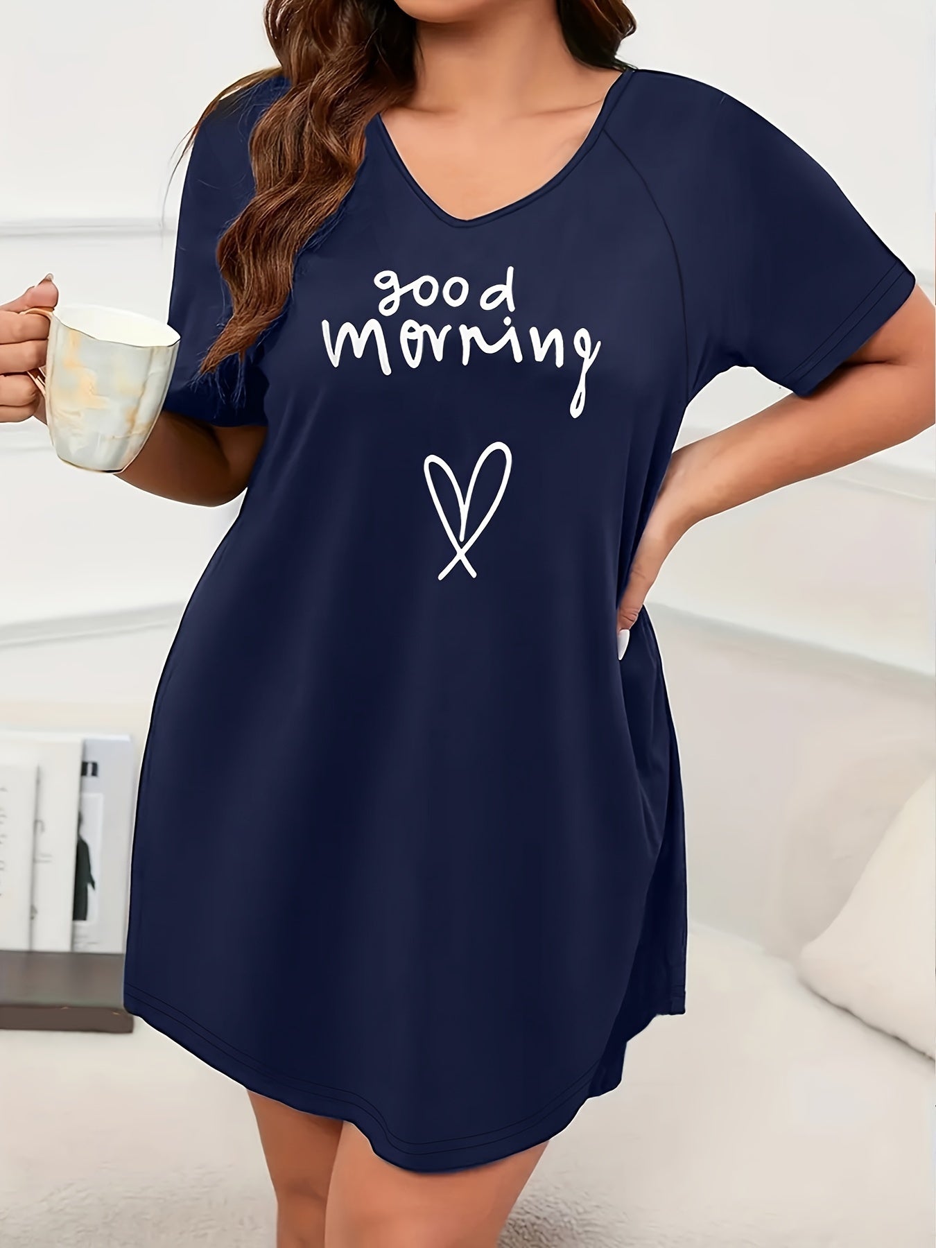 Plus Size Navy Blue Short Sleeve Sleep Dress Lounge Nightgown All-Season