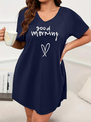 Plus Size Navy Blue Short Sleeve Sleep Dress Lounge Nightgown All-Season