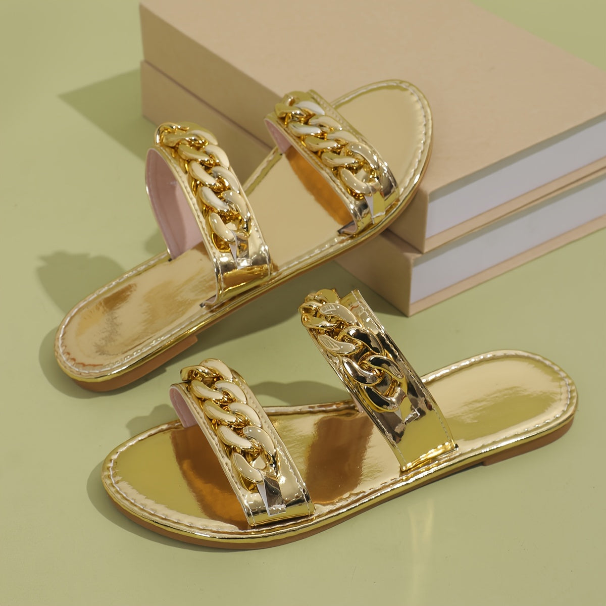 Women's Gold Flat Slides Open Toe Summer Slip-On Sandals