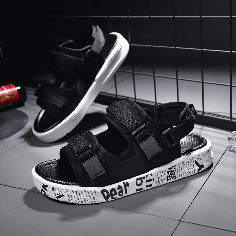 Men's Black Fabric Sandals with Yellow Dear Print Hook and Loop Fastener Anti-Skid Rubber Sole